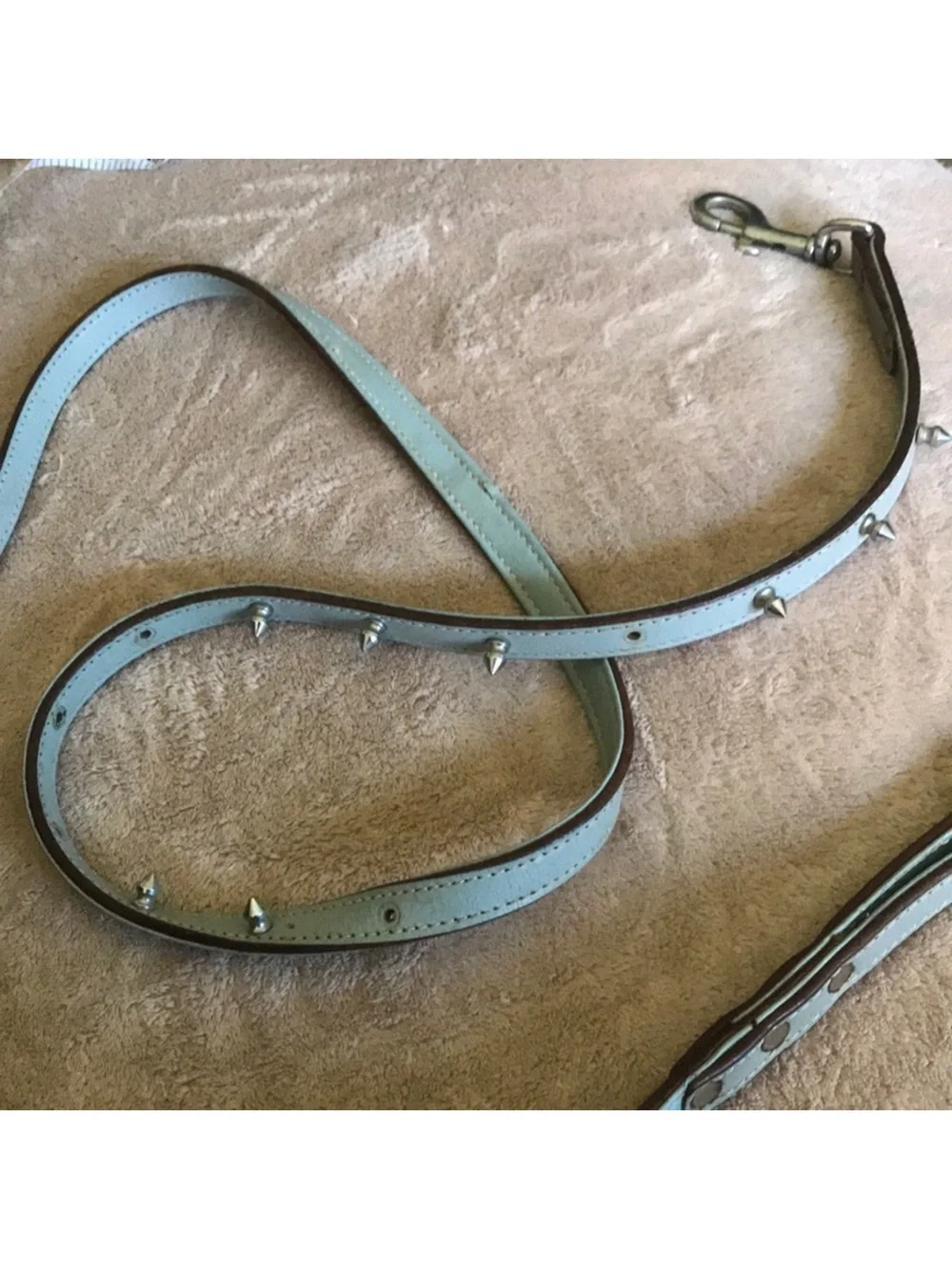 Light Blue Leather Spiked Dog Leash approximately 75”